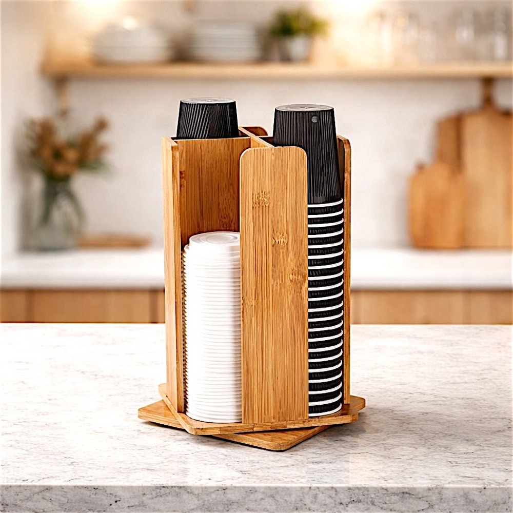 Mind Reader New Bamboo‎ 4 Section Rotating Coffee Cup and Lid Carousel Organizer